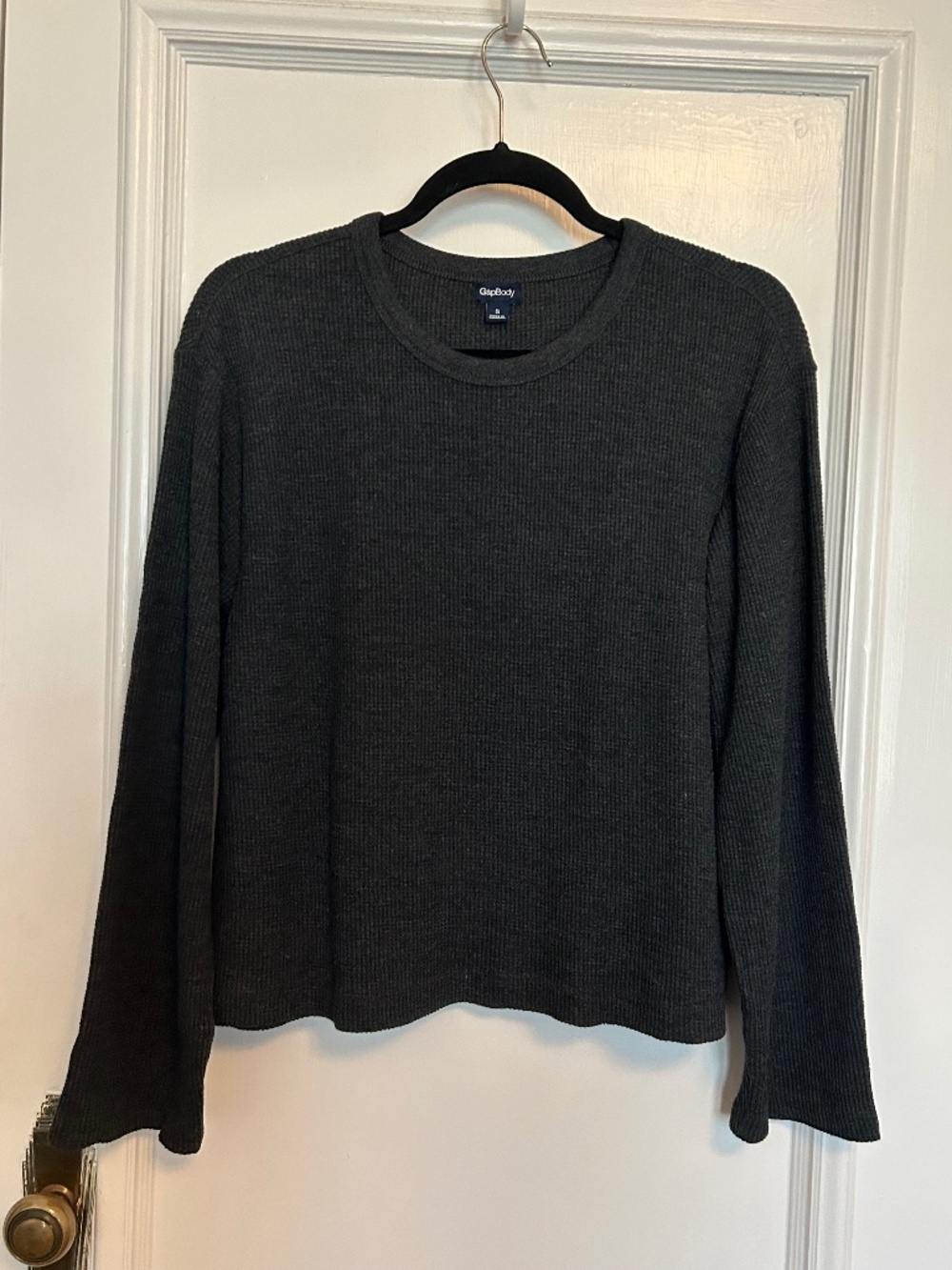 Gap Body Waffle Knit Cozy Charcoal Gray Boxy Fit Long Sleeved Top Size Sm